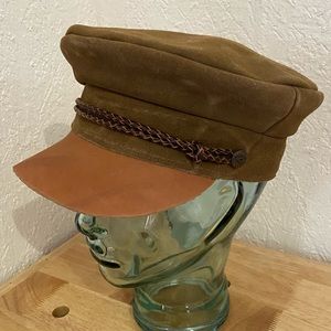 Leather/Suede Mariner Hat Cap Rooe Detail Small Nautical Cruise Camel Neutral